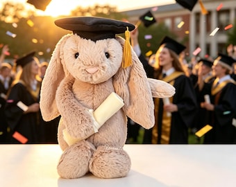 Jellycat Bashful Beige Bunny Plush Graduation Edition – Soft Stuffed Rabbit with Dust Bag, Graduation Gift Toy