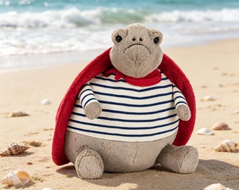 French Sailor Turtle Plush Toy – Jellycat Inspired Grumpy Tortoise with Red Shell, Striped Shirt Animal Plush