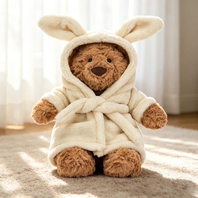 May include: A brown teddy bear toy wearing a cream-coloured hooded robe with bunny ears. The robe is tied at the waist with a matching belt. The bear is sitting on a light-coloured rug.
