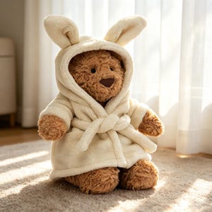May include: A brown teddy bear wearing a cream-coloured hooded robe with bunny ears. The robe is tied at the waist with a matching belt. The bear is sitting on a light-coloured carpet.