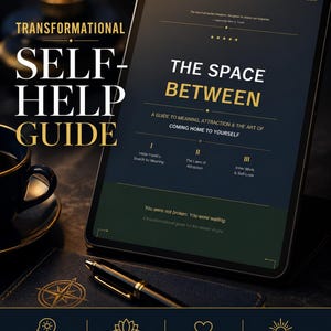 May include: A digital self-help guide titled "The Space Between" displayed on a tablet. The guide promises to help with meaning, attraction, and self-discovery. The image includes a pen, a cup, and a journal with a compass design.