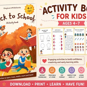 Peut inclure: Un livre d'activités Back to School pour les 4-7 ans avec une couverture colorée montrant des enfants lisant sous des arbres. Le livre contient neuf pages d'activités imprimables comme tracer des formes, associer, labyrinthes et compter.