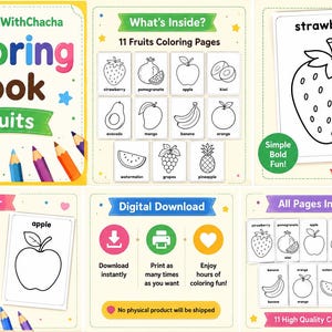 Peut inclure: Un livre de coloriage numérique intitulé EasyLearnWithChacha Fruits comprenant 11 pages de coloriage sur le thème des fruits, dont fraise, grenade, pomme, kiwi, avocat, mangue, banane, orange, pastèque, raisin et ananas avec des crayons.
