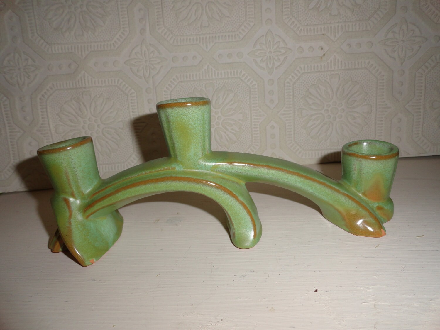 3 candle holder Frankoma Pottery Prairie Green Etsy