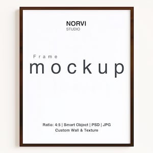 4:5 Walnut Brown Frame Mockup PSD, Vertical Poster Mock Up, Minimal Wall Art Frame Template, Modern Interior Scene, Smart Object Display