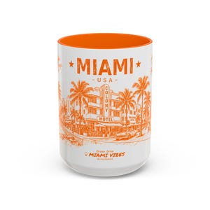 Taza naranja con el horizonte vintage de Miami / Taza de café con detalles naranjas de 444 ml (15 oz)