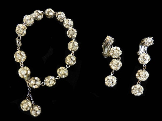 1920s Rhinestone Ball Bracelet and Earrings