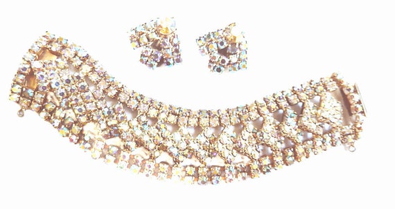 Dazzling Designer Aurora Borealis Wide 1950s Bracelet and Earrings