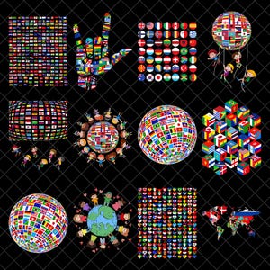 May include: A collection of digital illustrations featuring various national flags arranged in grids, spheres, cubes, and a world map, alongside cartoon figures interacting with these flag-themed shapes on a black background with a grid overlay.