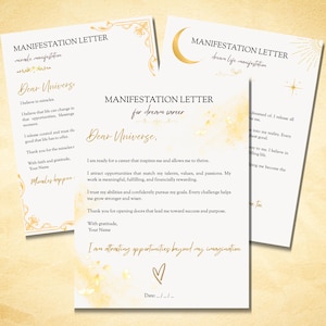 Può includere: Tre fogli di carta bianchi intitolati Manifestation Letter con testo ed elementi decorativi color oro. I disegni includono una luna crescente, stelle e bordi floreali. Il testo include frasi come Dear Universe, I am ready for a career.