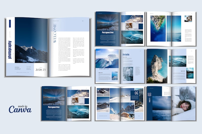Template Open Magazine Photography Portfolio Canva Template | Blue Nature Minimal Photo Book ...