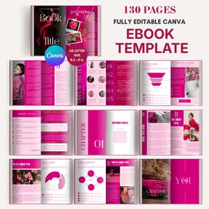 May include: A fully editable ebook template with 130 pages, in a US Letter size of 8.5 x 11 inches. The design features a vibrant pink color scheme with text and graphics. The template includes sections for a title, display, and chapters.
