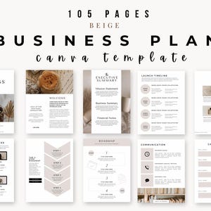 May include: A 105-page beige business plan Canva template featuring multiple document layouts. The pages include headers such as Business Plan, Executive Summary, Launch Timeline, Client Resources, Roadmap, Communication, and Skill Audit with text.