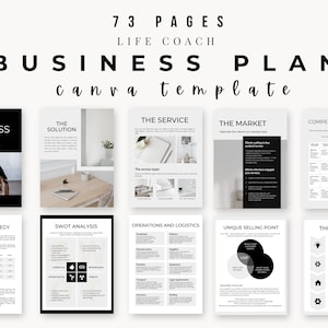 Puede incluir: Una plantilla de plan de negocios para coach de vida en Canva de 73 páginas con diseño en blanco y negro. El documento incluye secciones para la solución, servicio, mercado, análisis de la competencia, precios, SWOT y procesos.