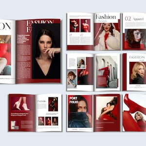 May include: A digital fashion portfolio template layout featuring multiple open magazine spreads with red and white color schemes, various portrait photography, typography headers like Fashion and Apparel, and a Canva logo in the bottom left corner.