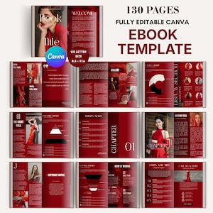 Puede incluir: Una plantilla de libro electrónico de 130 páginas para Canva con un esquema de color rojo intenso. El diseño incluye varias páginas con marcadores de posición para texto, imágenes y gráficos, con el texto 130 PAGES y tamaño carta.
