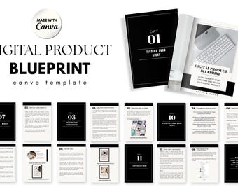 May include: A digital product blueprint Canva template featuring a black and white design. The layout includes a cover page, a 14-day guide, and multiple informational pages with text, numbered days, and small images, all organised in a grid format.