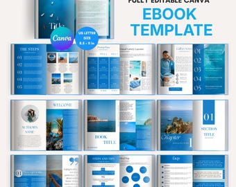Blue Beach Travel Ebook Canva Template, Lead Magnet Blue Coaching Workbook, Done for you Green Editable Blue Book Ocean Coastal Guide Design