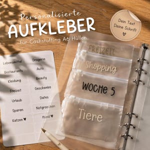 May include: Clear plastic cash envelope organisers with labels. The labels include categories like "Shopping" and "Week 5." The image also shows a sheet of white labels with German words like "Lebensmittel" and "Katzen."