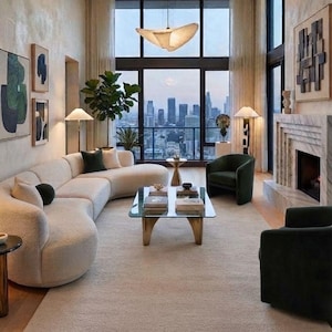 May include: A living room featuring a large cream-colored curved sofa, two dark green armchairs, and a glass-topped coffee table with gold legs. A tall floor lamp, a fiddle leaf fig plant, and a fireplace are present, with a city skyline view.