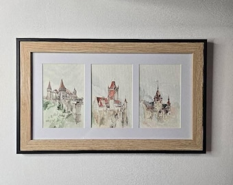 Romanian Castles Watercolor Set – Bran, Peles, Corvin Castle – Original Hand Painted Triptych, Minimalist Wall Art, Europe Travel Decor