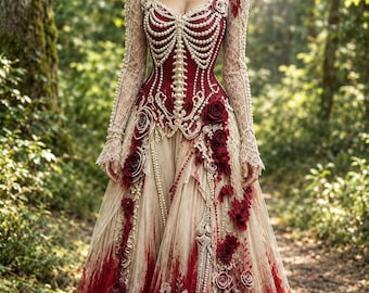 Red Skeleton Corset Dress, Gothic Lace Wedding Gown, Crimson Rose Halloween Maxi, Ivory Bone Print Witch Costume, Vampire Bride Gown