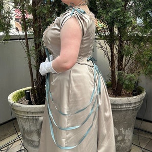 1890s Victorian evening dress costume in silver satin & green silk taffeta XL 46&quot; bust