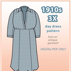 Puede incluir: Un patrón de costura digital para un vestido de día de estilo 1910. El patrón es para una talla 3X y proviene de una prenda antigua. El patrón está disponible solo como descarga digital.