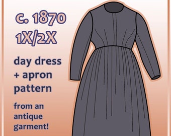 1860s-1870s 1X/2X day dress pdf pattern with 39" waist from antique garment (23.2)Ty