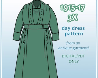 1910s day dress pdf pattern for up to 60&quot; bust from antique garment (24.14)
