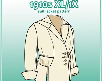 1910s XL/1X suit jacket pdf pattern with 43" waist from antique garment (24.12)