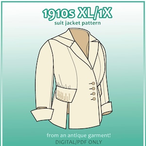 May include: A line drawing of a vintage suit jacket pattern from the 1910s. The pattern is labeled "1910s XL/1X suit jacket pattern" and "from an antique garment! DIGITAL/PDF ONLY".
