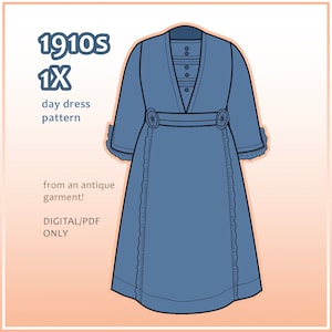 May include: A digital sewing pattern for a 1910s day dress. The pattern is for a blue dress with a V-neck, long sleeves, and a belt. The dress has a ruffled hem and cuffs. The text "1910s 1X day dress pattern from an antique garment! DIGITAL/PDF ONLY" is included in the image.
