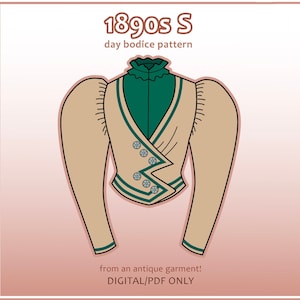 Peut inclure: Un patron numérique pour un corsage de jour des années 1890, avec un corsage beige, un col et des garnitures verts, et une fermeture diagonale avec des boutons. Le patron est issu d'un vêtement antique et est disponible en téléchargement numérique PDF uniquement.