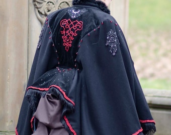 Black & red beaded Victorian winter wool coat/cape for 1880s bustle era costuming M-XL