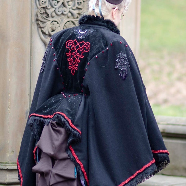 Black & red beaded Victorian winter wool coat/cape for 1880s bustle era costuming M-XL