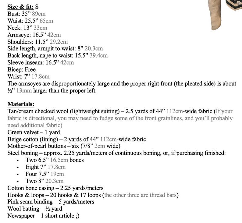 May include: Instructions for a tan and cream checked wool waistcoat pattern. The pattern includes measurements for bust, waist, neck, armscye, shoulders, side length, back length, sleeve inseam, bicep, and wrist. The pattern also includes a list of materials needed, including fabric, buttons, boning, and thread.