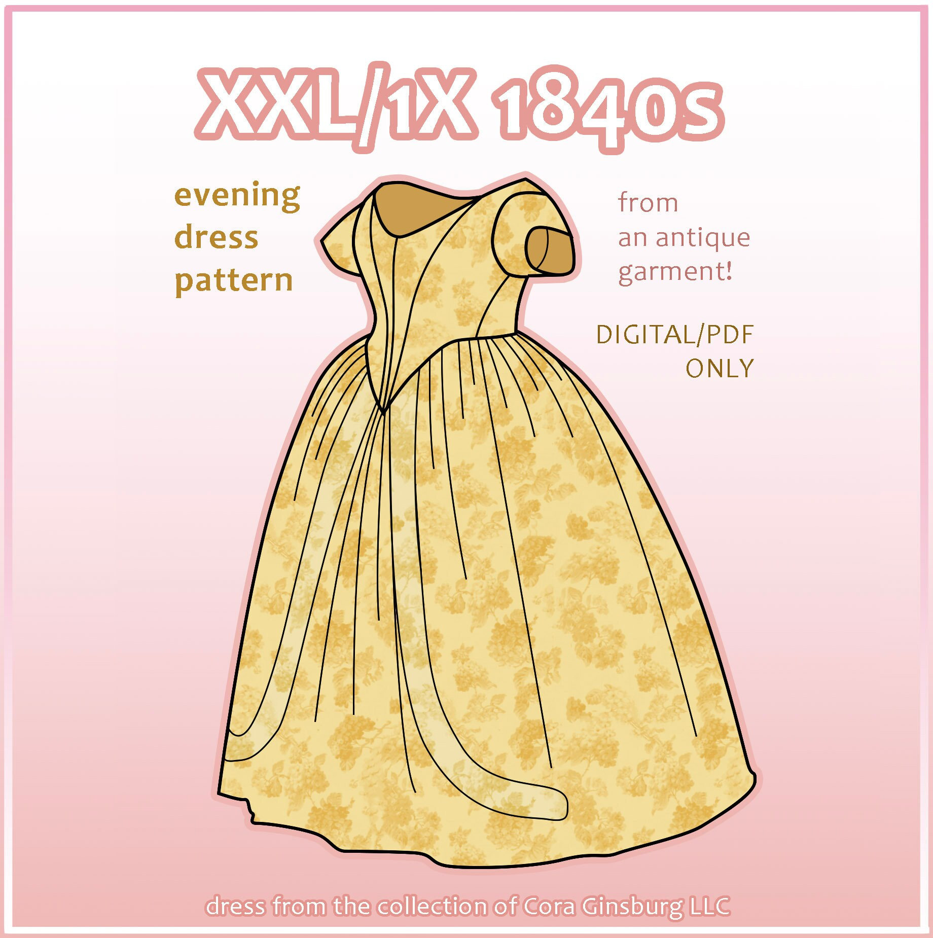 1840s XXL-1X Evening Dress Pdf Pattern for 37-40