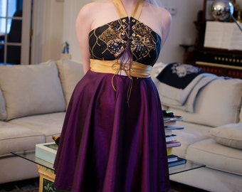 Gold purple black halter dress, heavily beaded, knee length, lace up corset style, Size M (plus capelet)