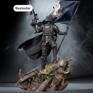 May include: A detailed figurine of a soldier in black armour with yellow accents, holding a rifle and a flag with a crest. The figure stands atop a creature with a detailed base. The word "Bestseller" is in the top left corner.