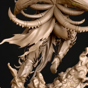 May include: A detailed sculpture of a fantasy figure in a dynamic pose. The figure is clad in armour and flowing fabric, with intricate details on the horns and skeletal elements. The colour is a muted beige.