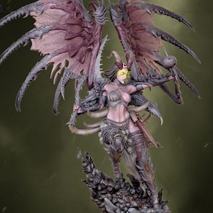 May include: A detailed figurine of a female demon with large, textured wings. The figure is clad in armour and holds a weapon, with a menacing expression. The colour palette includes shades of grey, purple, and yellow, creating a fantasy theme.