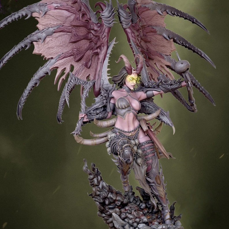 May include: A detailed figurine of a female demon with large, textured wings. The figure is clad in armour and holds a weapon, with a menacing expression. The colour palette includes shades of grey, purple, and yellow, creating a fantasy theme.