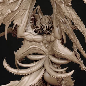 May include: A beige sculpture of a fantastical creature, featuring large, textured wings and multiple horns. The sculpture has intricate details, including sharp edges and a muscular physique, suggesting a mythical or fantasy theme.