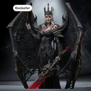 May include: A detailed statue of a woman in a black gown, crown, and large black wings. She holds a red sword with a skull design. The statue has a "Bestseller" label in the upper left corner.