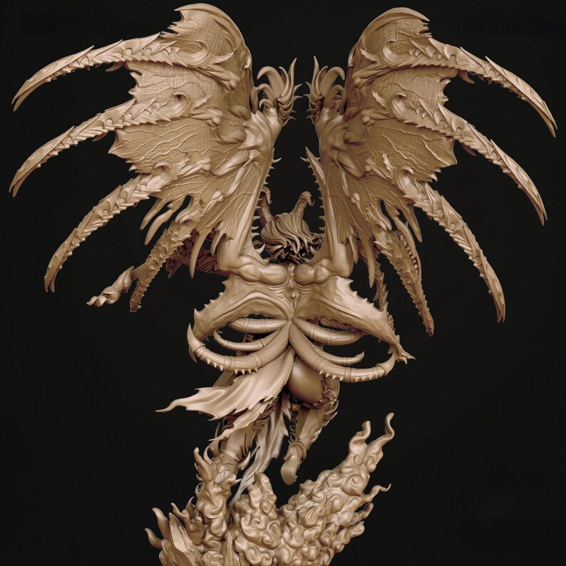 May include: A detailed sculpture of a winged figure with intricate, textured wings and a complex, stylized body. The figure is a light tan colour, with a dark background. The wings are large and spread, with a detailed, layered design. The sculpture appears to be a fantasy or mythological character.