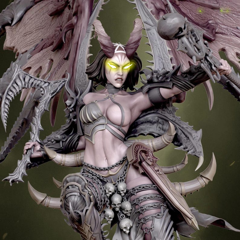 May include: A detailed figurine of a female demon with large wings, horns, and glowing yellow eyes. She is clad in armour and holds a weapon, with skulls adorning her attire. The figure has a menacing expression and is set against a dark background.