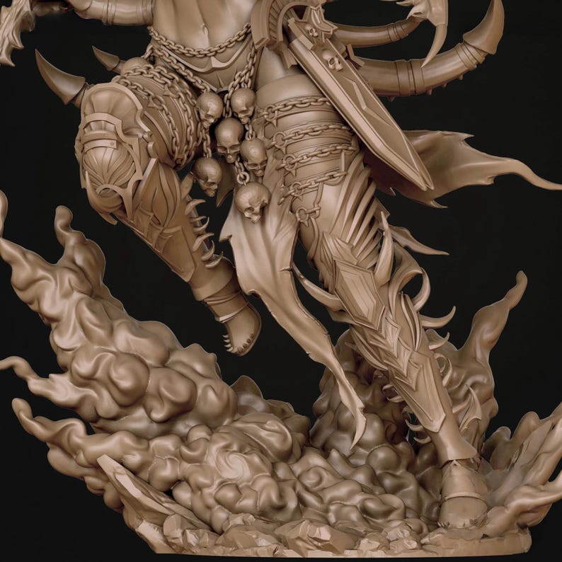 May include: A detailed sculpture of a fantasy figure in a dynamic pose. The figure is adorned with armour, chains, and skull accents. A large sword is visible, and the figure appears to be emerging from a cloud-like base. The colour is a neutral beige.