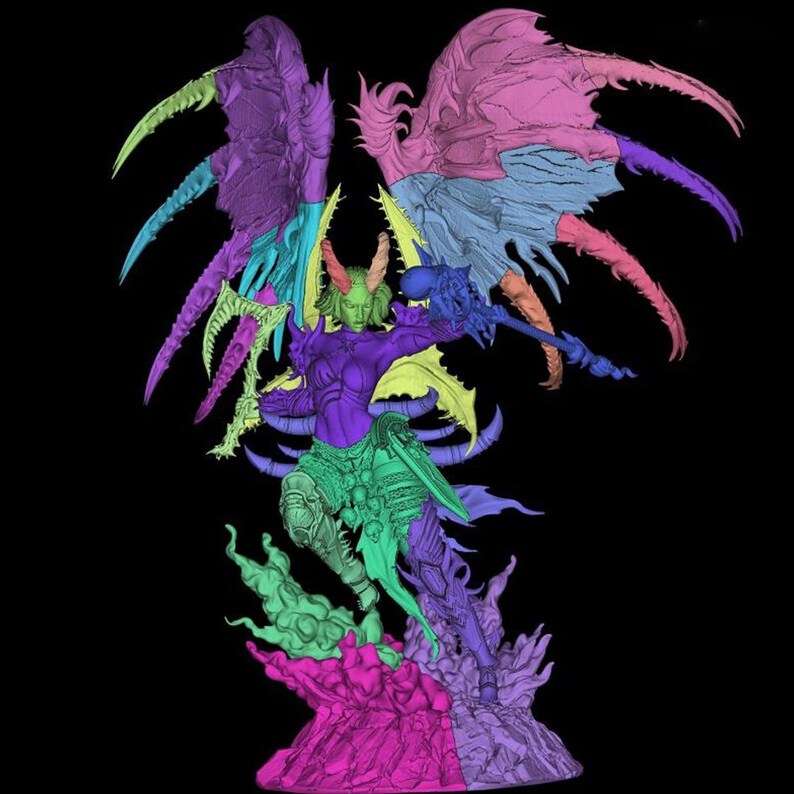May include: A detailed fantasy figure with large wings, horns, and a weapon. The figure is in shades of purple, green, blue, and pink, standing on a rocky base against a black background. The figure has a detailed design.