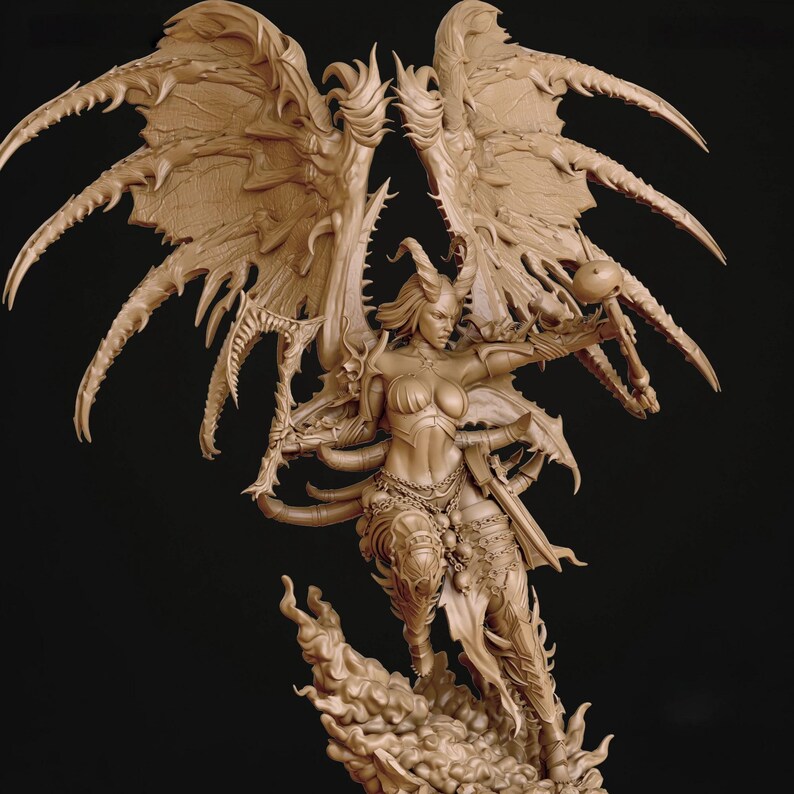 May include: A detailed sculpture of a female demon with large, ornate wings and horns. The figure is holding a skull and is adorned with armour and chains. The sculpture is a light brown colour and is set against a dark background.